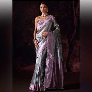 Purple And Grey Embroidered Tissue Saree Lashkaraa XS